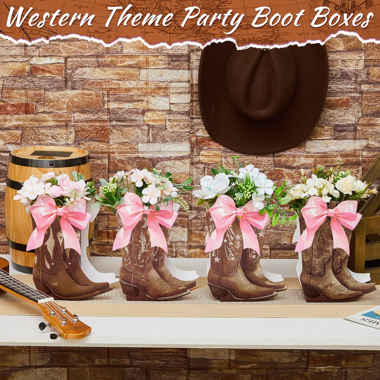 Memorywuu 12 Set Brown Western Cowboy Bow Boots Flower Boxes