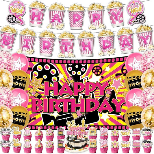 43Pcs Pink Movie Night Party Decoration Including Cupcake Toppers