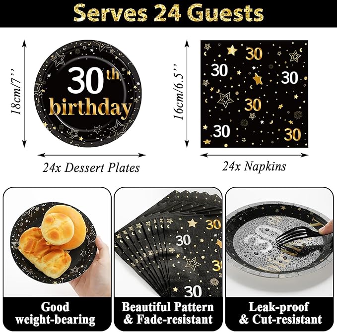 30th Birthday Party Supplies Serves 24 Black and Gold 30 Years Old