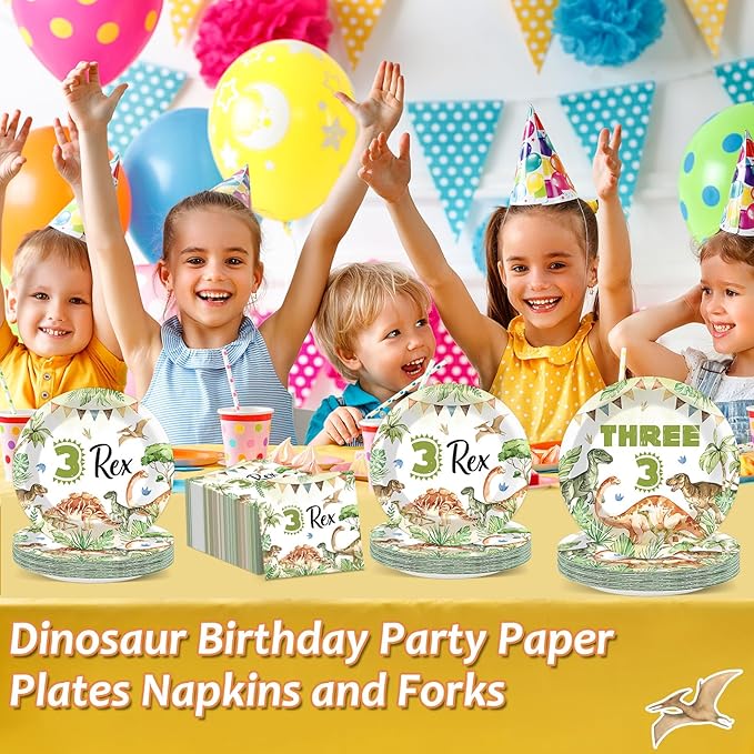 96PCS Dinosaur 3rd Birthday Party Paper Plates and Napkins and Forks