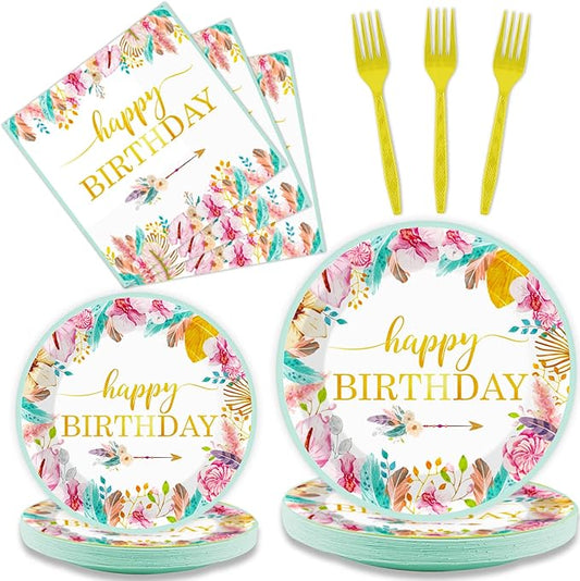 96 Pieces Happy Birthday Party Plates Napkins Boho Decorations Gold