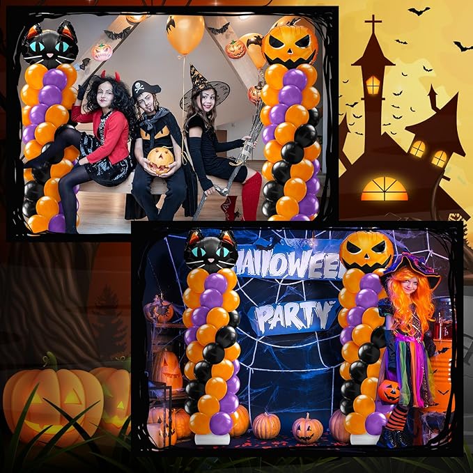 2 Set Halloween Balloon Column Stand Kit with Cat Head Scary Pumpkin
