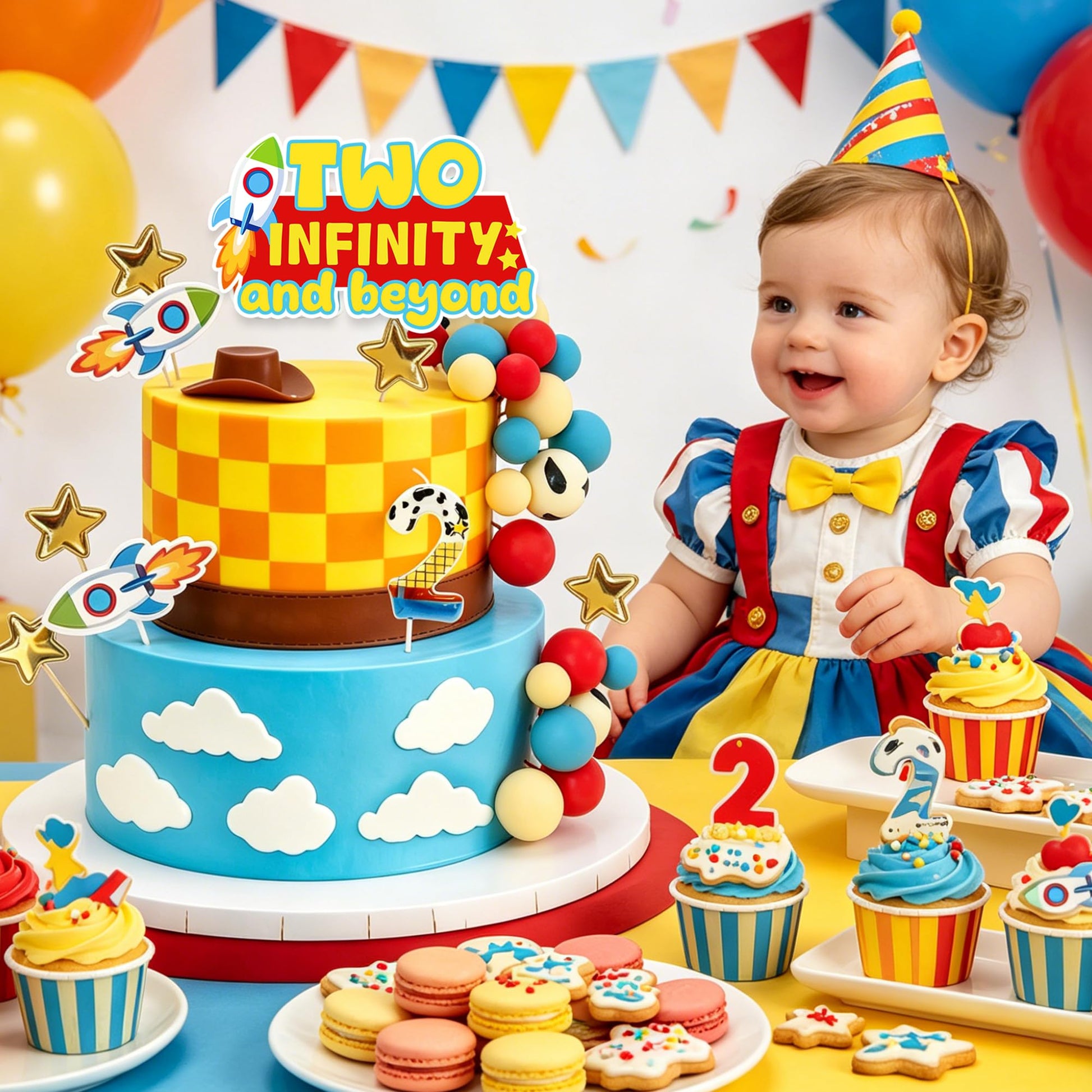 Two Infinity and Beyond Cartoon Story Cake Toppers Set - Space Cowboy