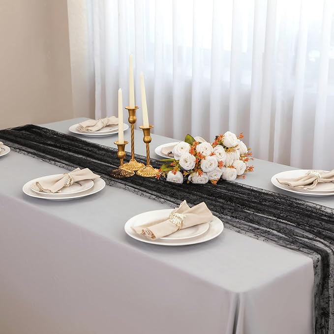 Snowkingdom Black Table Runner, 10FT Sheer Tulle Gauze Metallic Mesh