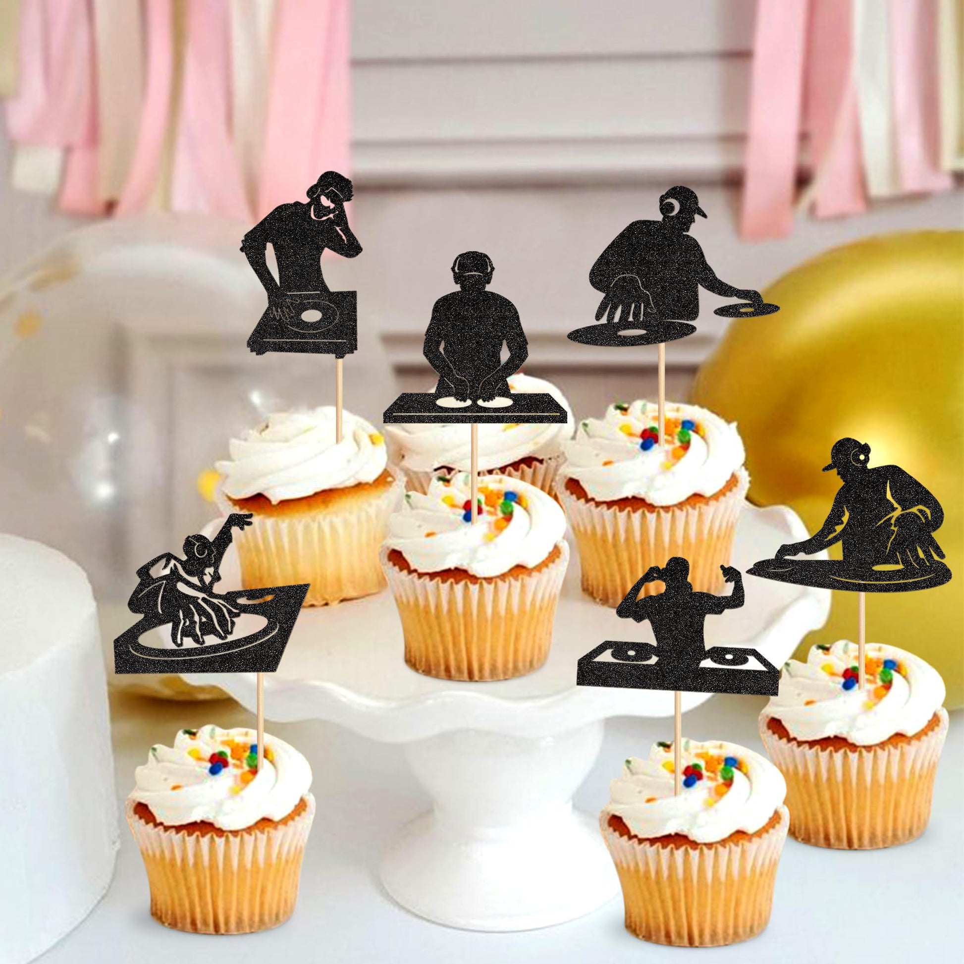 Ercadio 24PCS Ercadio 24PCS DJ Cupcake Toppers Glitter Black Rock &