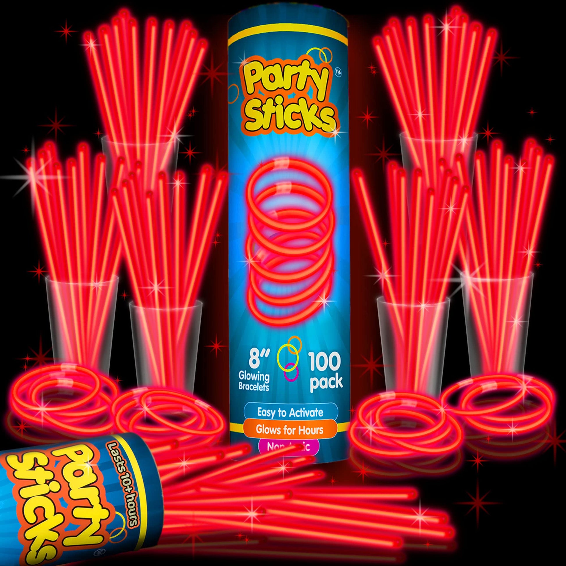 PartySticks Red Glow Sticks - 100pk, 8 Inch Glow in The Dark Light Up