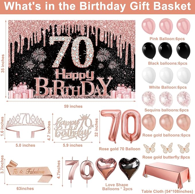 70th Birthday Decorations for Women 49pcs Black Rose Gold Black