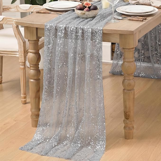 Artoid Mode Grey Gold Gauze Table Runner 120 Inch 10FT, Glitter