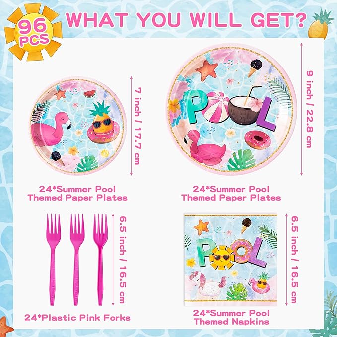 96Pcs Summer Pool Beach Ball Flamingos Party Plates Supplies Party