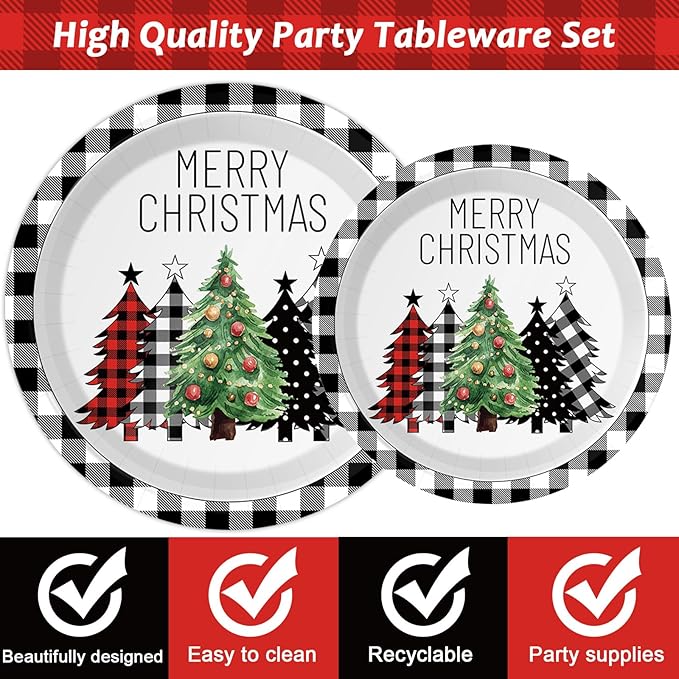 96 Pieces Buffalo Plaid Christmas Tree Tableware Set for Christmas