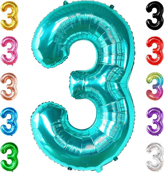 KatchOn, Teal Number 3 Balloon - Large, 40 Inch | Teal Blue 3 Balloon