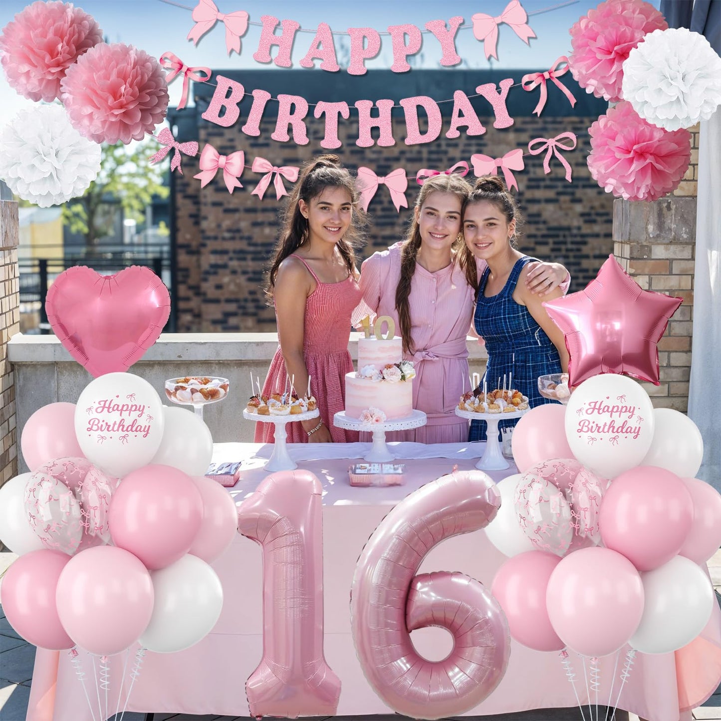 16th Birthday Decorations for Girls Pink Number 16 Balloon Bow