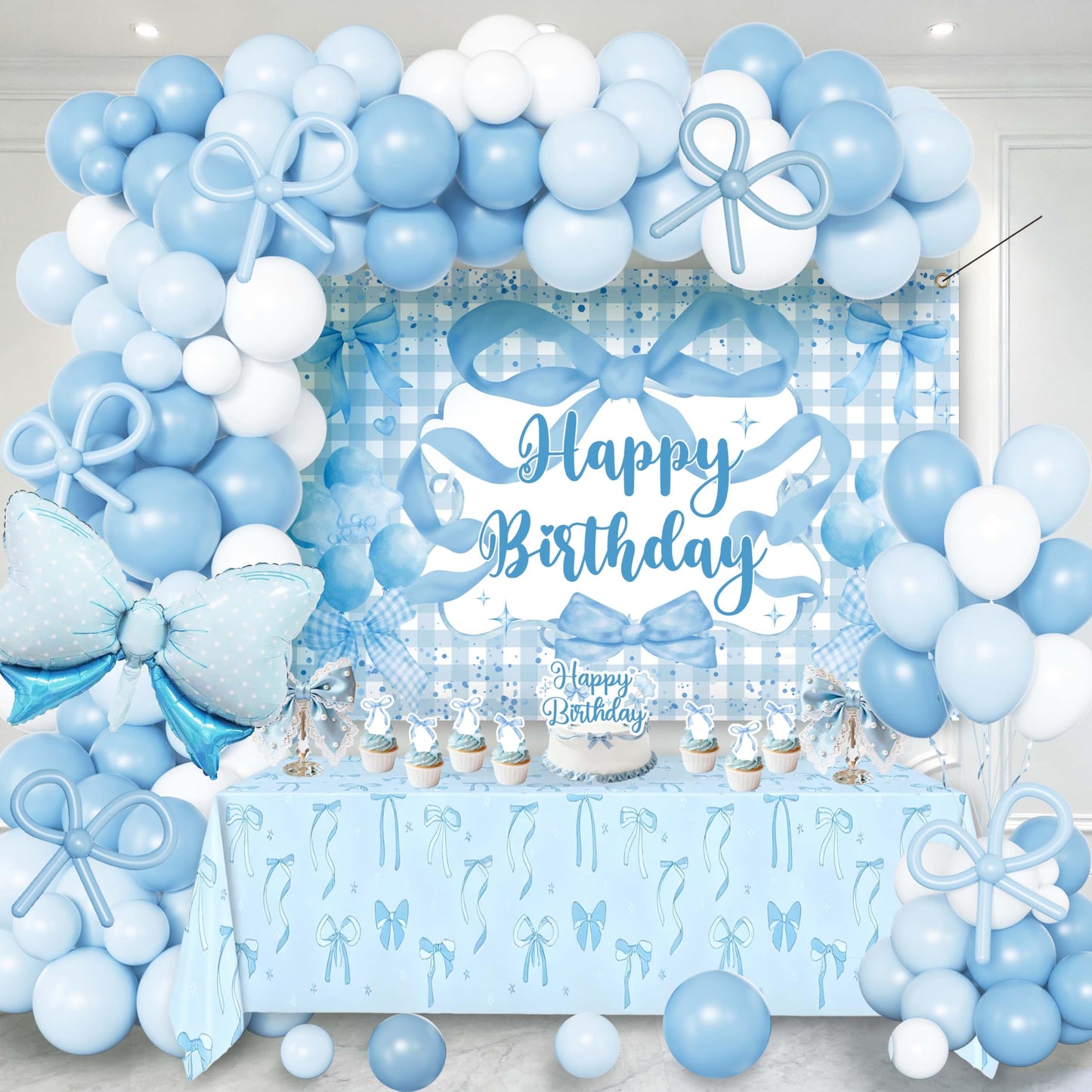 Blue Bow Birthday Decorations for Girls, Coquette Party Supplies with