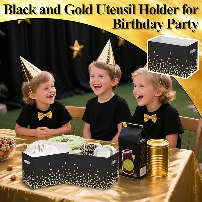 2PCS Black and Gold Utensil Holder Paper Utensil Caddy for Retirement
