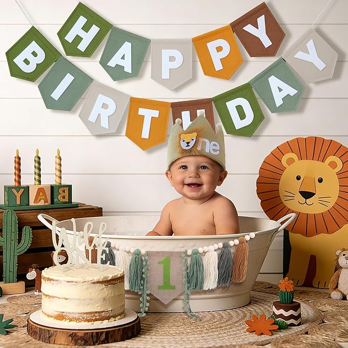 Wild One High Chair Banner Brown Green Felt Happy Birthday Banner