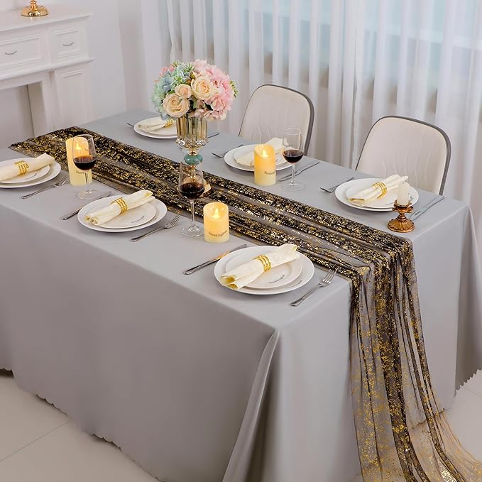 Snowkingdom 10 Pcs Black & Gold Cheesecloth Table Runner 10 FT, Sheer