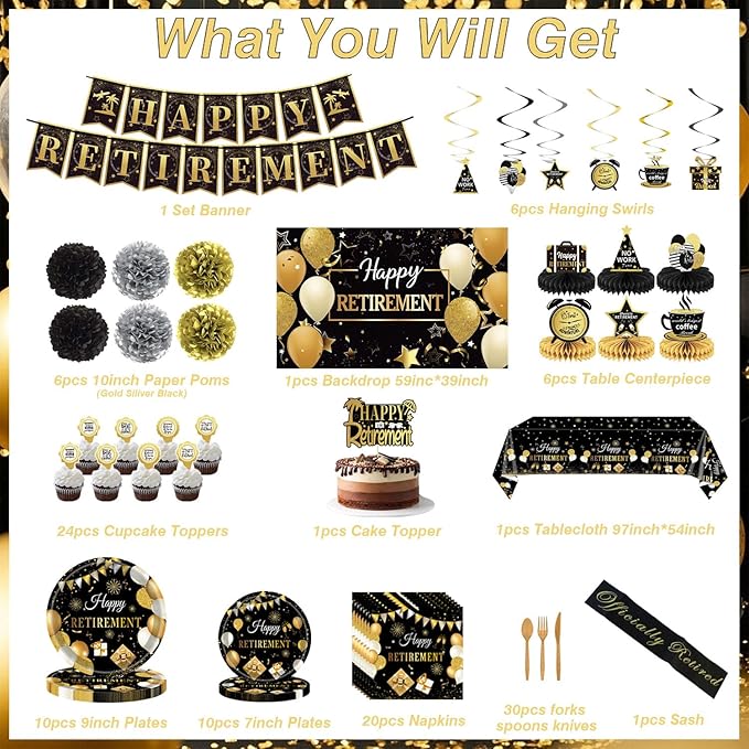 Retirement Party Decorations Black and Gold Napkins Plates