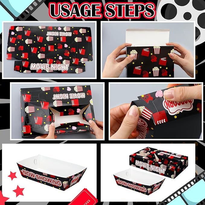 72 Pcs Movie Night Supplies Paper Movie Snack Trays Set Include 24