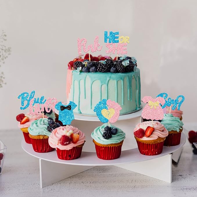 24Pcs Boy or Girl Cupcake Toppers Glitter Feet Onesie Dress Gender