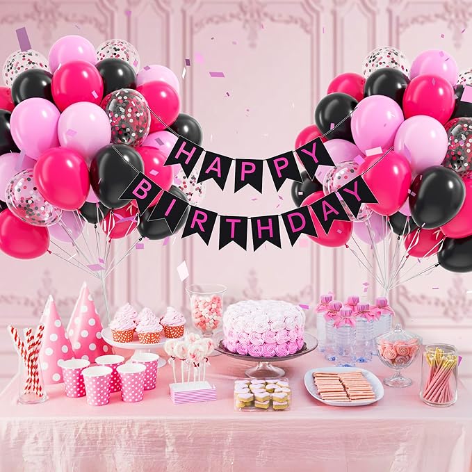 Pink and Black Balloons, 60pcs 12inch Hot Pink Black Pastel Pink