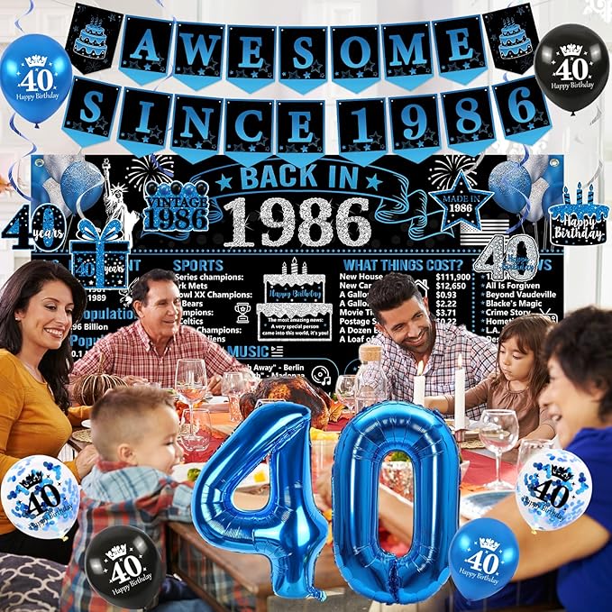 40th Birthday Decorations for Men 20PCS Black Blue Back in 1986