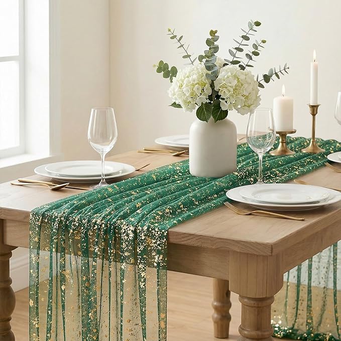 Artoid Mode Green Gold Gauze Table Runner 59x120 Inch 10FT, Glitter