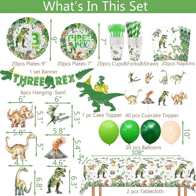 208 Pcs Dinosaur 3rd Birthday Party Supplies, Green Dino Three Rex
