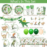 208 Pcs Dinosaur 3rd Birthday Party Supplies, Green Dino Three Rex