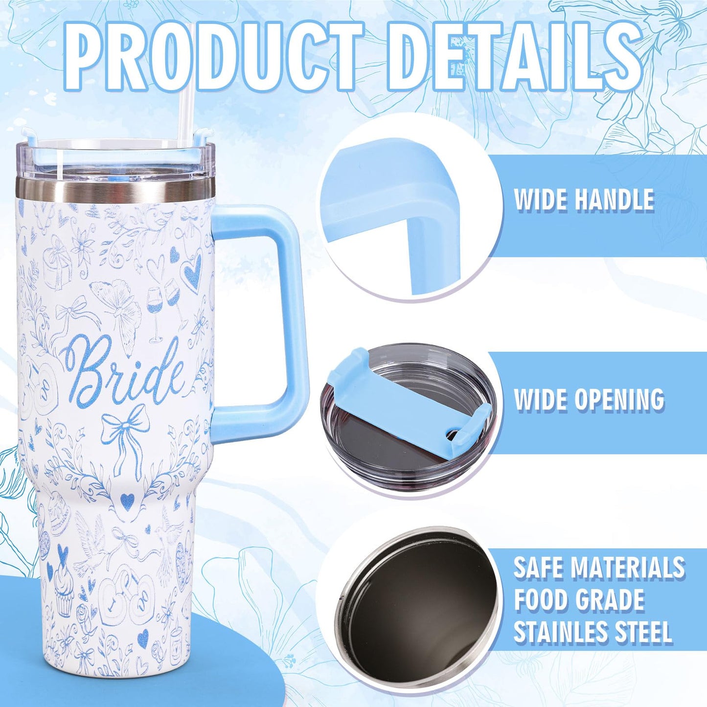 Whaline 40oz Bride Tumbler with Handle Straw and Lid Blue Bow Floral