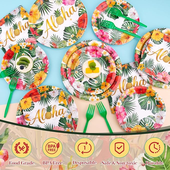 Luau Party Decorations 99Pcs Hawaiian Aloha Party Plates Serve 24