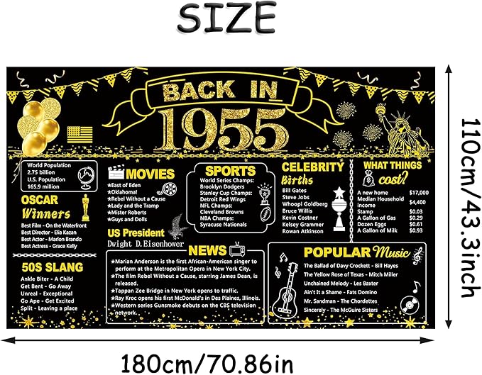 DARUNAXY 71st Birthday Black Gold Party Decoration, Back in 1955