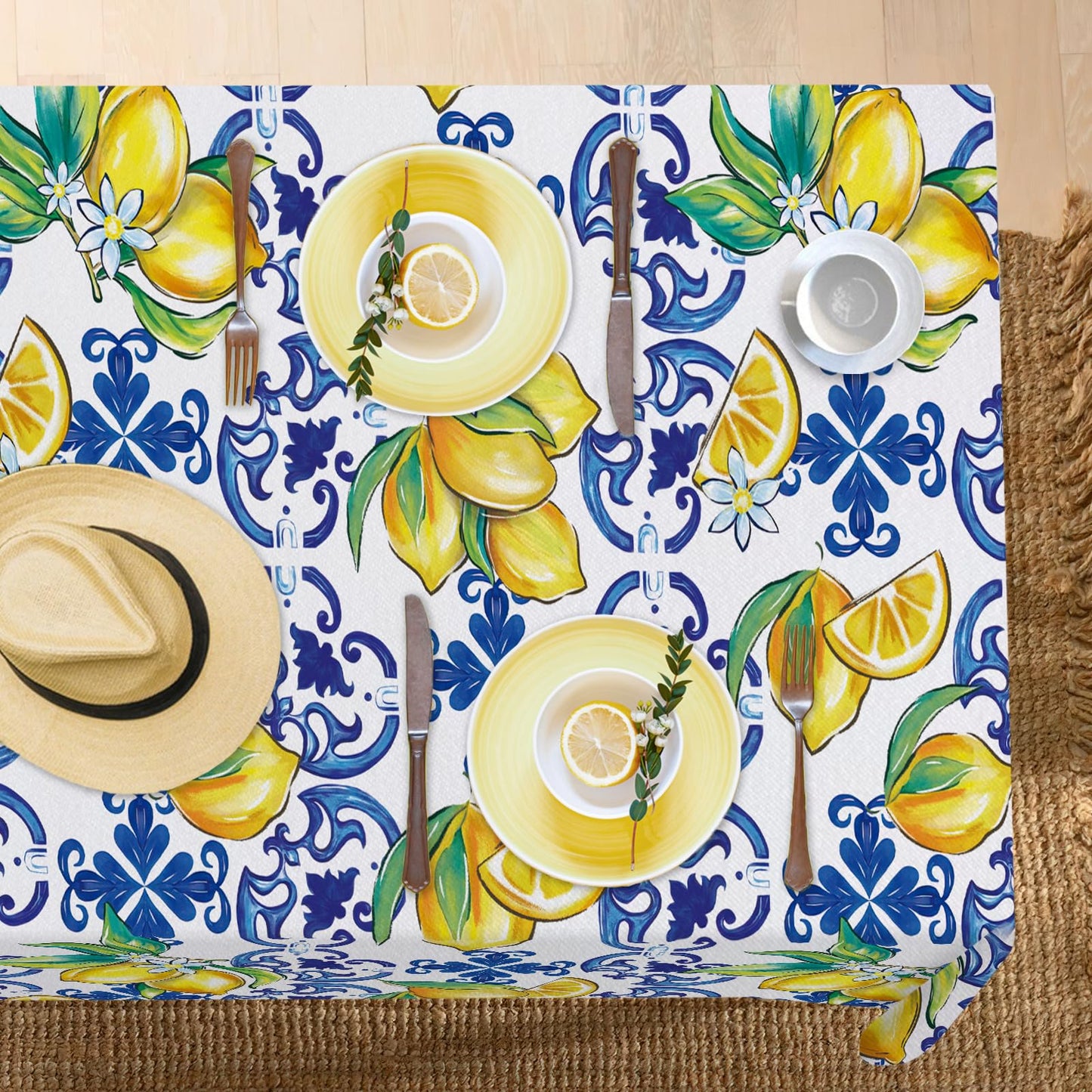 Livcoz Blue Lemon Italy Tile Pattern Rectangle Tablecloth 60 x 104