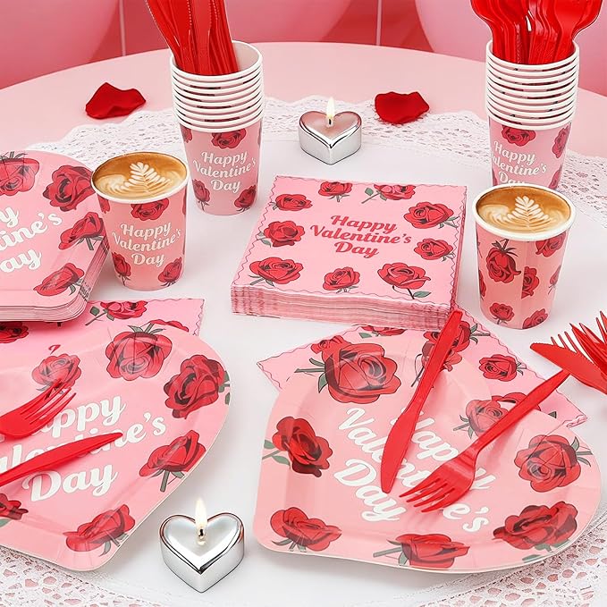 125PCS Valentine's Day Plates and Napkins Set Rose Heart Disposable