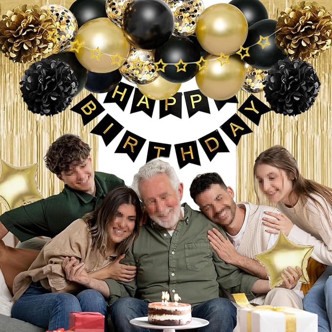 Birthday Decorations for Men Women, Gold and Black Party Decorations,