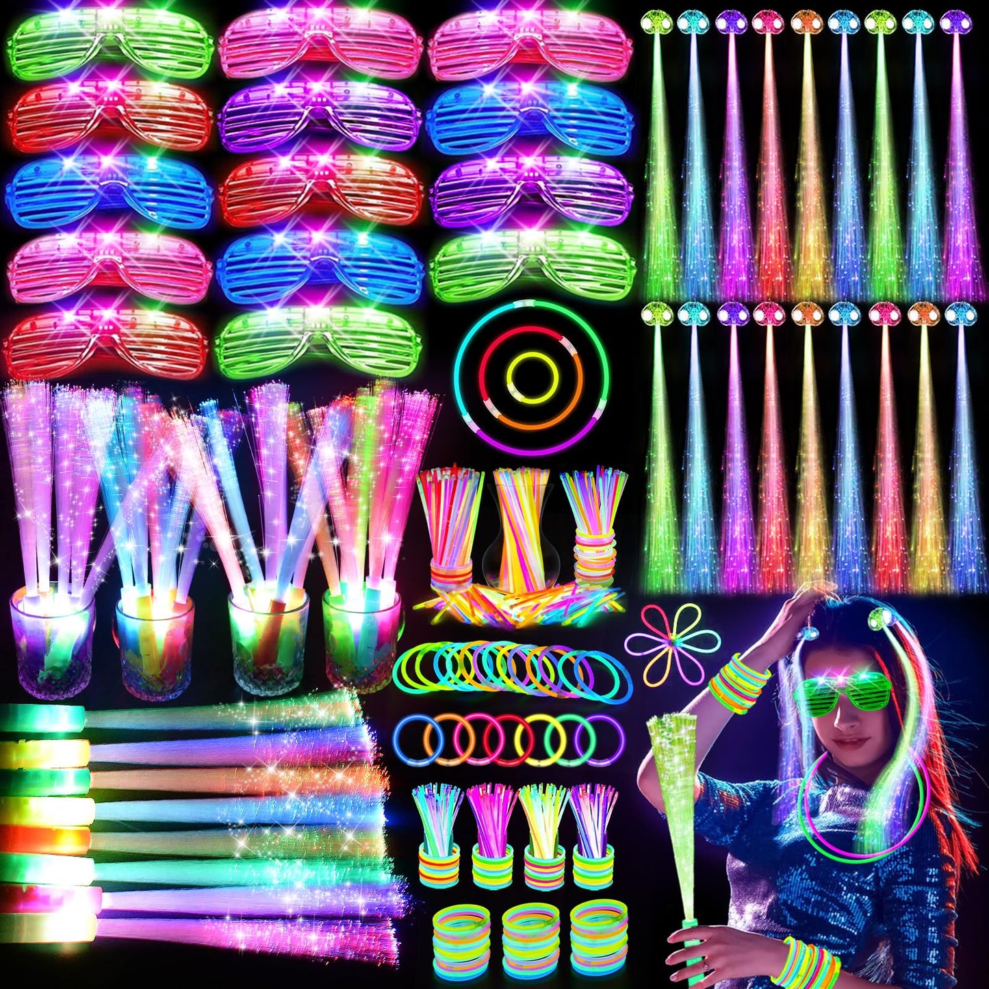 OLUPP 148 PCS Glow in the Dark Party Supplies, 16 Fiber Optic Wands,