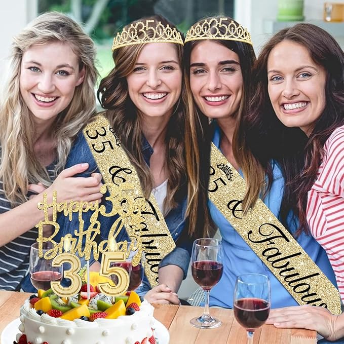 35th Birthday Decorations for Women Gold with 35th Birthday Sash and