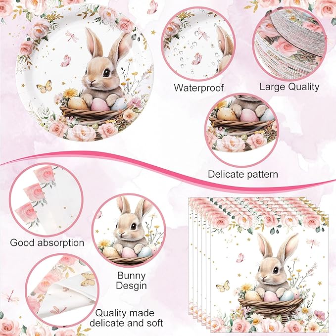 452 Pcs Easter Bunny Party Supplies for 50 Guests Pink Floral Easter
