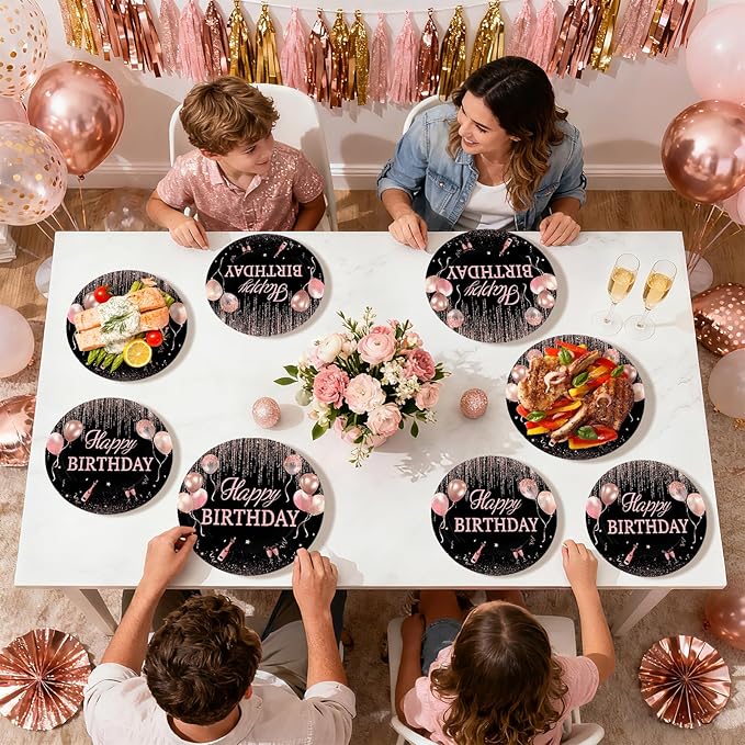 96 Pcs Rose Gold Birthday Decorations for Women Pink and Black