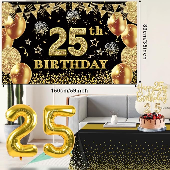 25th Birthday Decorations Men Women with 25th Birthday Banner Black
