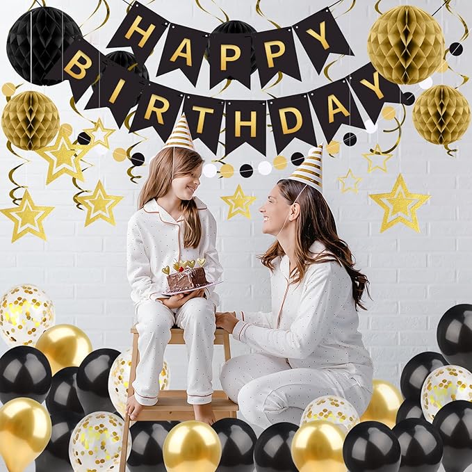 ZERODECO Black Gold Birthday Decorations, Easy to Assemble Happy