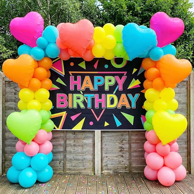 Neon Heart Balloons, 18 Inch Rainbow Heart Shape Foil Balloon, 12 Pcs