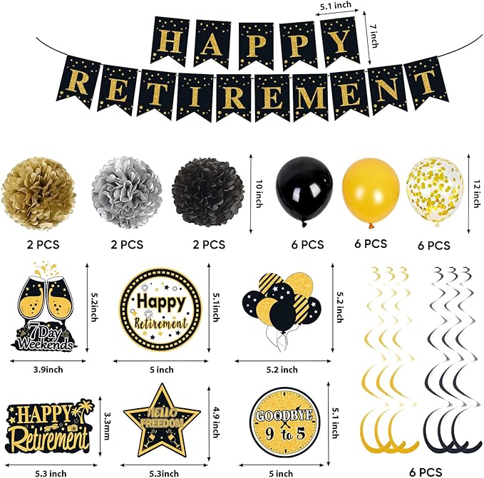 Retirement Party Decorations for Men Women Black Gold Happy
