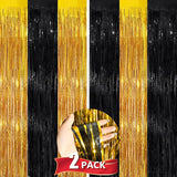 Black Gold Metallic Tinsel Foil Fringe Curtains, 2 Pack 3.3x8.3 Feet