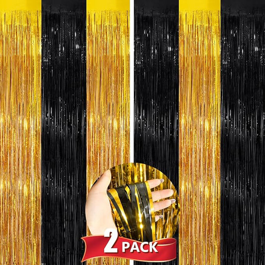 Black Gold Metallic Tinsel Foil Fringe Curtains, 2 Pack 3.3x8.3 Feet