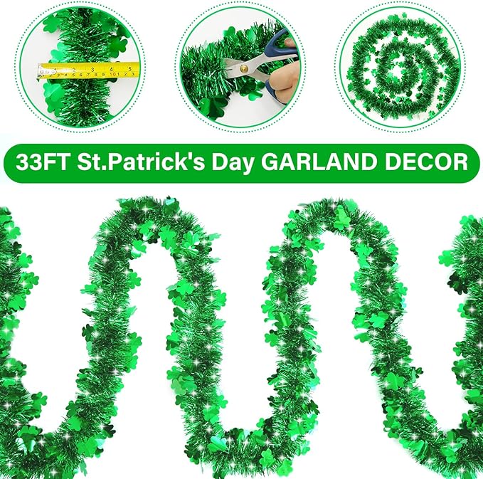 50FT St Patrick's Day Tinsel Garland, Green Shamrock Tinsel Garland