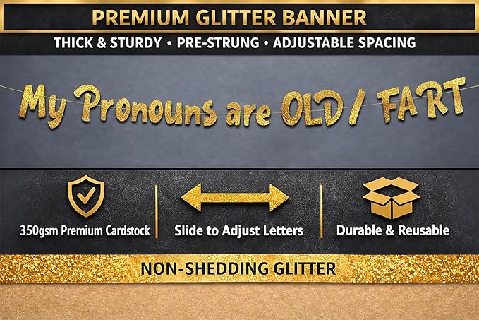 Pre-Strung Hilarious Adult Birthday Gold Glitter Banner - Funny