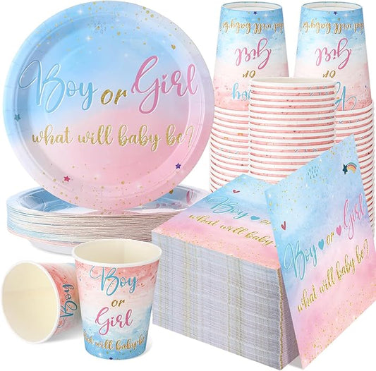 200 Pcs Gender Reveal Baby Shower Paper Plates Napkins Cups Baby