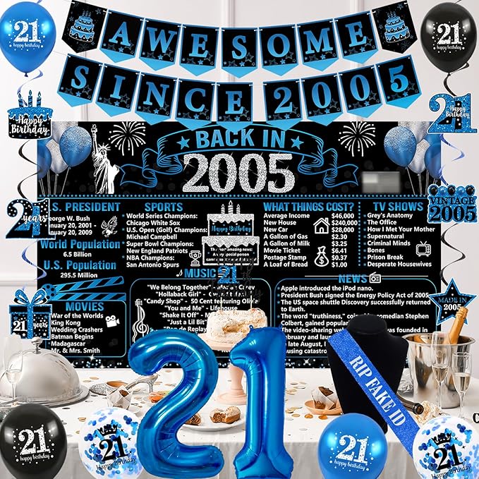 21st Birthday Decorations for Him Black Blue Back in 2005 Birthday