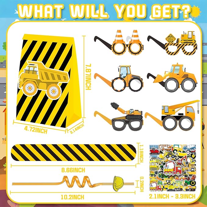 98pcs Construction Party Supplies Reusable Drinking straws Masks