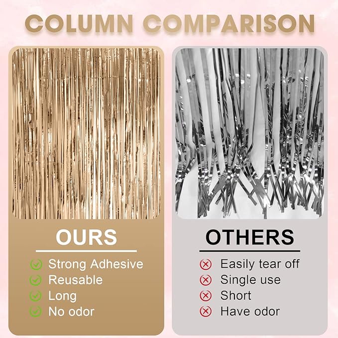 Voircoloria 4 Pack Champagne Foil Fringe Backdrop Curtains, Tinsel